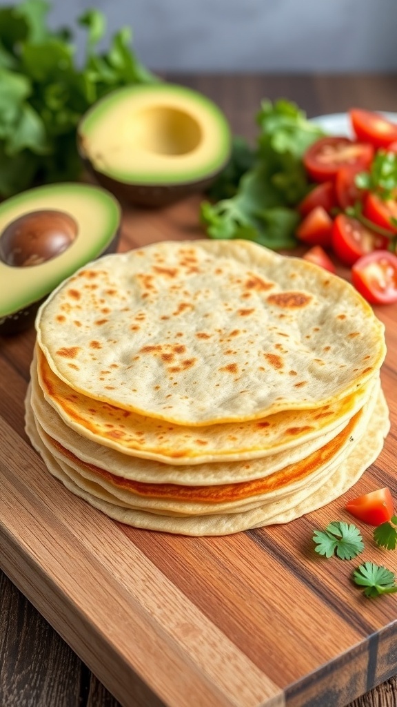 A stack of low-carb tortillas on a cutting board with fresh vegetables, ready for filling.